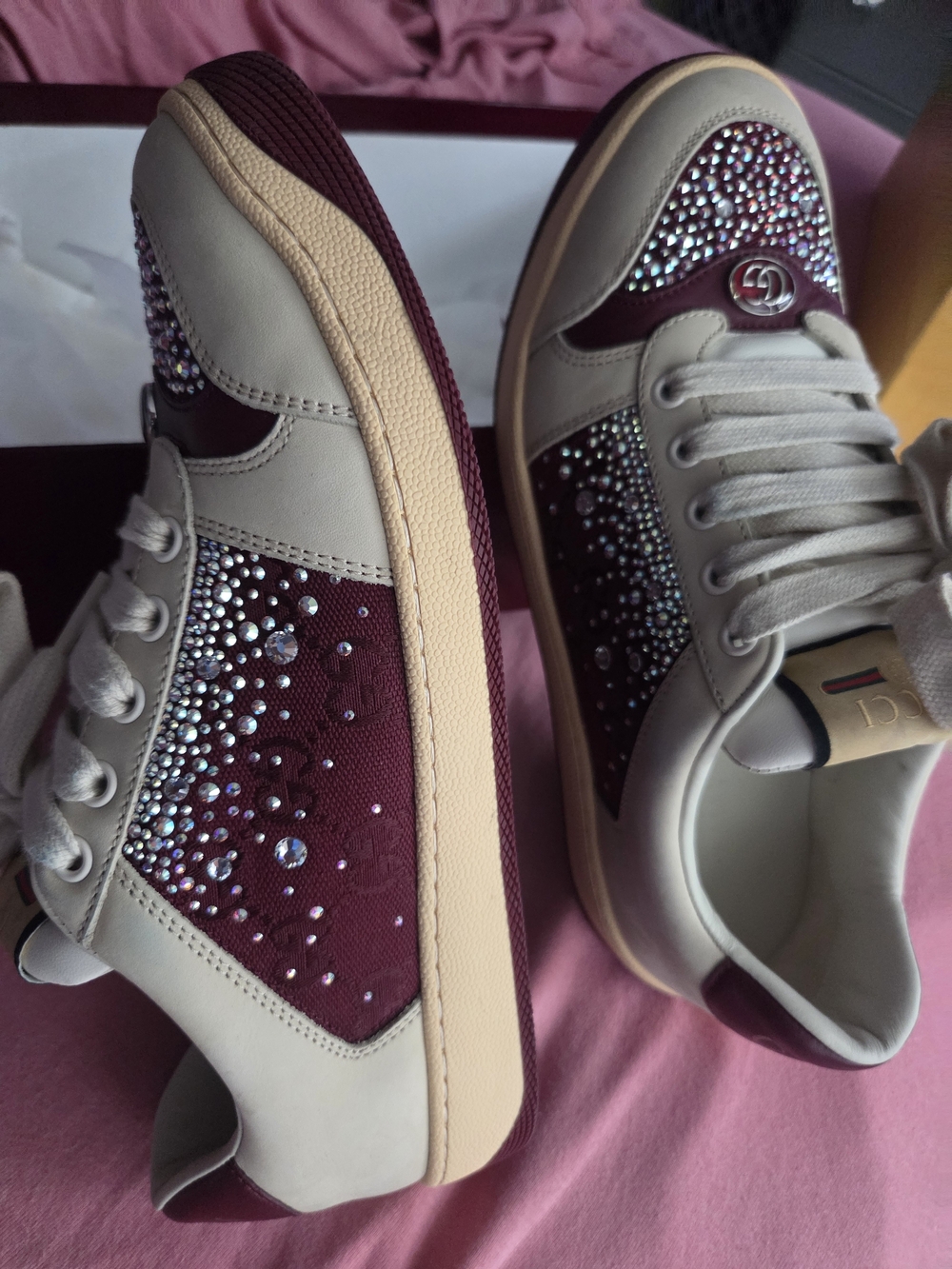 Women's GUCCI -Burgundy and Cream Crystal-Embellished Fashion Sneakers